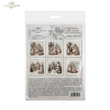 Load image into Gallery viewer, A packaged sheet of six vintage-style scrapbooking papers from the 'ITD Collection' by ITD Collection. The clear plastic packaging displays the six square sheets, which feature soft, muted illustrations of castles, ruins, and floral scenes in beige, pink, and gray tones.