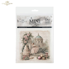 Load image into Gallery viewer, A packaged set of six mini rice papers from ITD Collection, featuring a vintage French-themed illustration with a ballerina, a wedding cake, macarons, and a domed building.