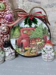 Red Farmhouse Christmas Tree Truck with Dogs Round Wood Ornament