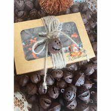 Load image into Gallery viewer, 12 Rusty Metal Pumpkin Jack O&#39; Lantern Jingle Bells in Window Box with Halloween Shred