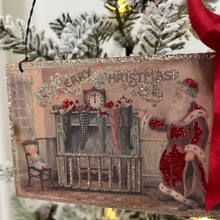 Load image into Gallery viewer, Closeup of Santa by Fireplace Wood Postcard Ornament