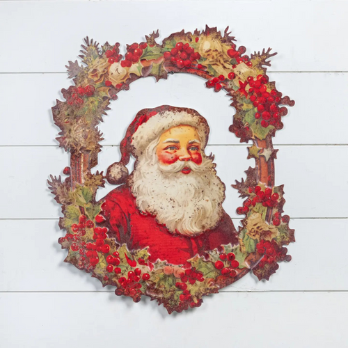 Santa in Wreath Metal Wall Plaque