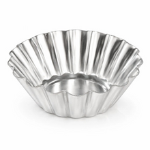Load image into Gallery viewer, A stainless steel fluted tart or muffin tin with a scalloped rim, shown on a clean white background.