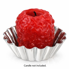 Load image into Gallery viewer, A red apple-shaped candle with a textured, melted wax surface sits inside a silver fluted metal cup on a white background. Black text at the bottom reads 'Candle not included.