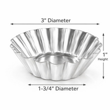 Load image into Gallery viewer, A silver fluted round baking pan shown with dimension arrows and labels indicating a 3-inch diameter, 1-3/4-inch diameter, and 1-inch height on a white background.