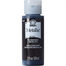 Load image into Gallery viewer, A bottle of folkyArt Metallic Acrylic Paint in the shade 681 Sequin Black, featuring a dark metallic black label with a white cap, on a solid white background.