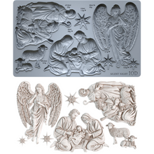 Load image into Gallery viewer, A 10D silicone mold set featuring detailed Christmas nativity and angel designs, shown both in its gray silicone form and as the finished light beige carved plastic pieces.