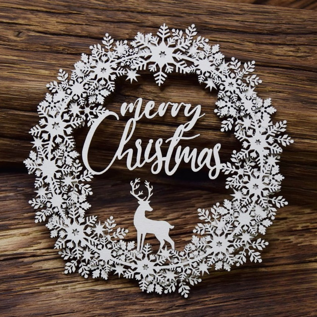 Snowflakes Wreath Chipboard Embellishment by SnipArt with Deer and Merry Christmas Script 