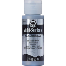 Load image into Gallery viewer, A bottle of FolkArt Multi-Surface Metallic acrylic paint in the shade 2964 Silver Sterling, 2 fl oz (59 ml), on a plain white background.