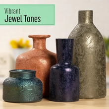 Load image into Gallery viewer, Set of decorative vases with textured surfaces on a neutral background, labeled 'Vibrant Jewel Tones'.