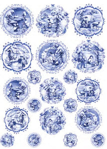 Blue Vintage Round Winter Scenes Rice Paper by Calambour Italy, TCR202