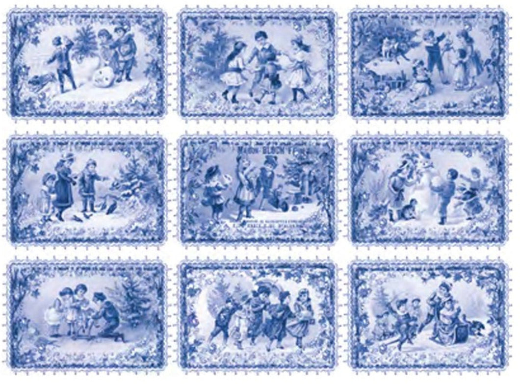 Blue Vintage 9 Cards Winter Children Rice Paper by Calambour Italy, TCR206