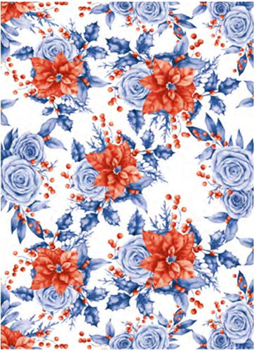 Red and Blue Christmas Poinsettias and Roses Smaller Pattern Rice Paper by Calambour Italy, TCR208
