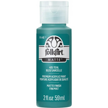 Load image into Gallery viewer, Teal bottle of FolkArt acrylic paint with white cap on a white background