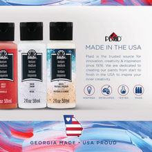 Load image into Gallery viewer, Plaid paint bottles with branding and product information on a colorful background