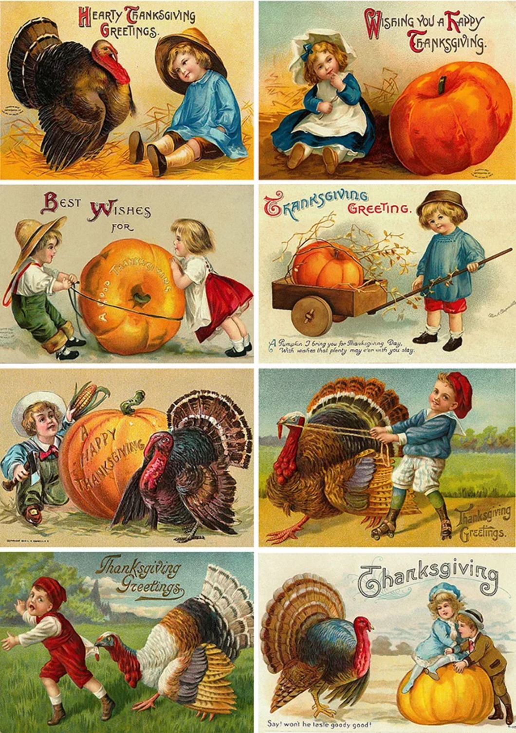 Thanksgiving Greetings Rice Paper by European Excellency, Victorian Postcard Turkeys, Pumpkins
