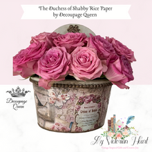Load image into Gallery viewer, Wall Pocket Decor filled with pink roses decoupaged with Duchess of Shabby Rice Paper with vintage elements, bird, roses.