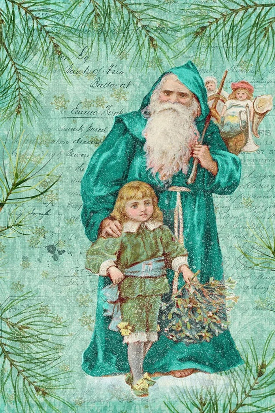 Turquoise Santa with Child Rice Paper by Reba Rose Creations