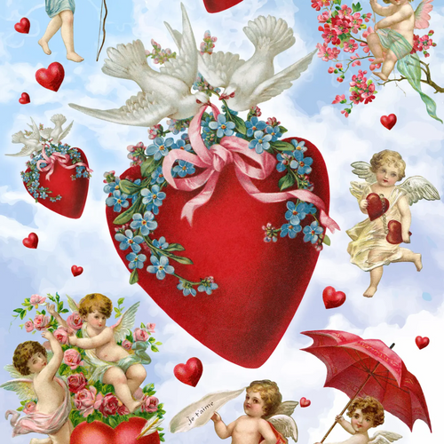 Valentine Heart Rice Paper by European Excellency with Cupids, Angels, Roses, Forget Me Nots