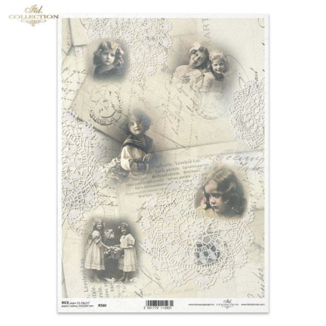 Vintage Portraits, Postcards and Lace Rice Paper by ITD Collection, R0560, A4