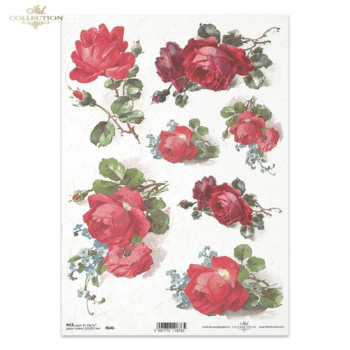 Vintage Red Rose with Forget Me Nots Rice Paper by ITD Collection, R0646, Size A4