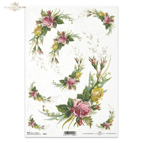 Vintage Rose Swags Rice Paper by ITD Collection, A4, R0427, Pink and Yellow Roses with Lily of the Valley