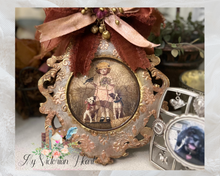 Load image into Gallery viewer, Vintage Girl with Pups Ornament Table Top View