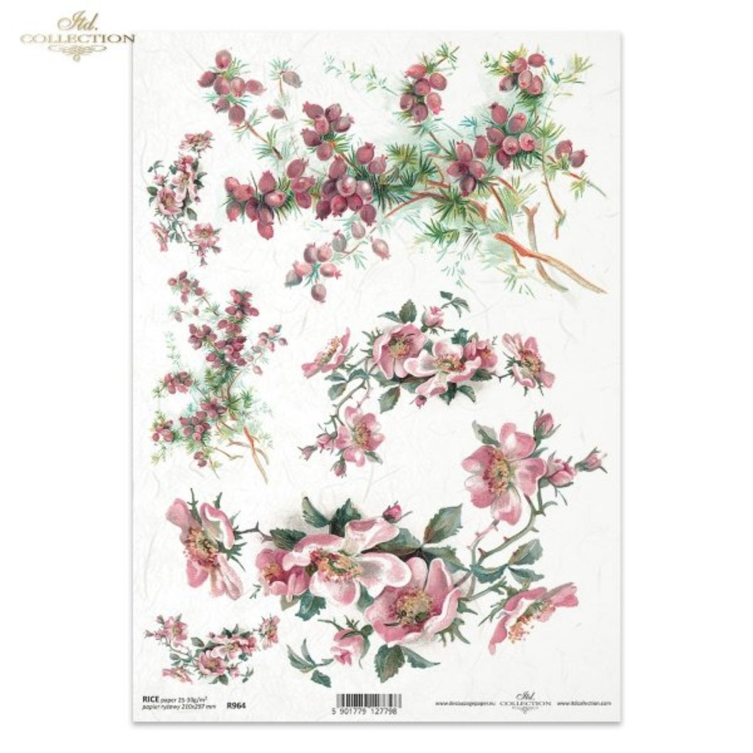 Vintage Pink Moss Roses and Yew Berries Rice Paper, R0964, Size A4