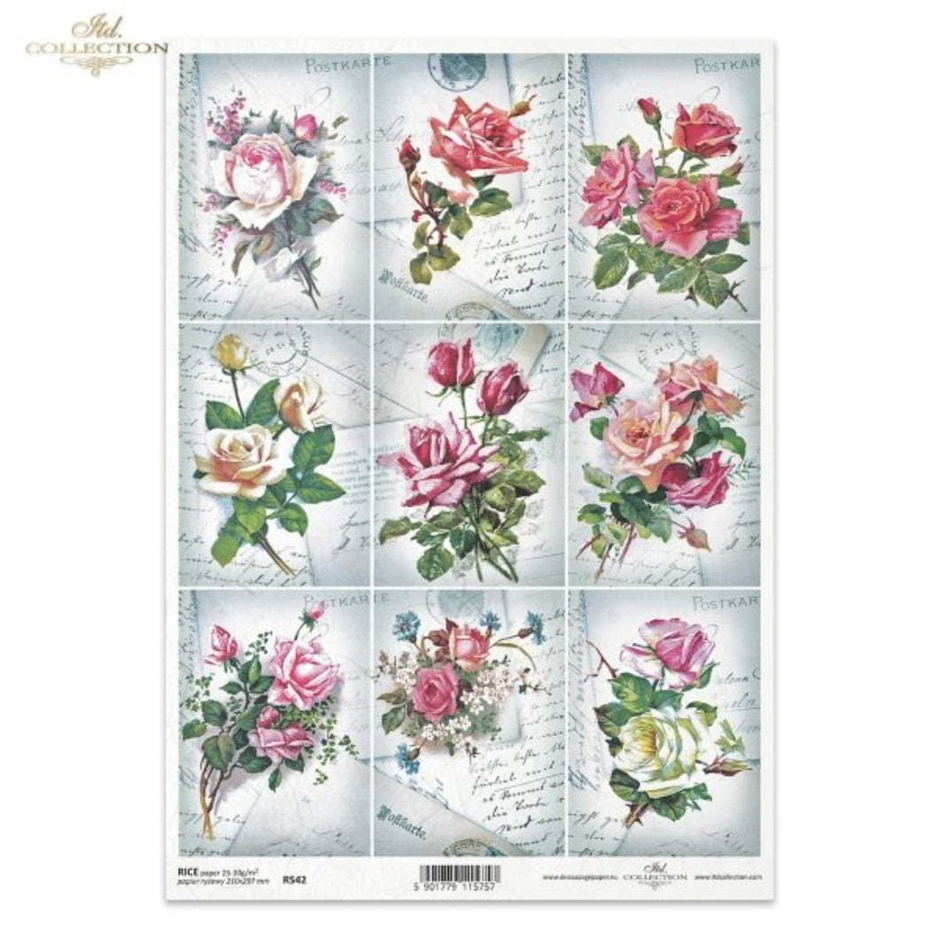 Vintage Roses and Letters Rice Paper by ITD Collection, R0542, Size A4