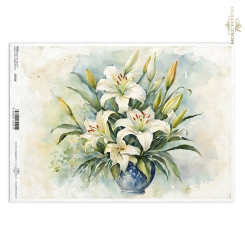 White Watercolor Lilies, Lillies Rice Paper by ITD Collection, R2459, Size A4