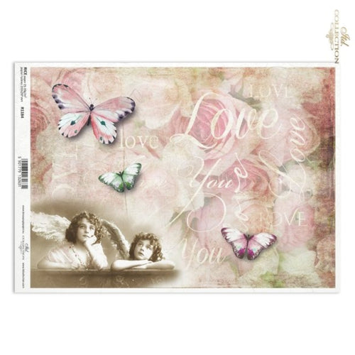 Wings of Love with Angels and Pink Roses Rice Paper by ITD Collection, R1184, A4