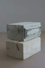 Load image into Gallery viewer, A small decorative box with a distressed white painted top and a carved wood base, photographed against a plain gray background.
