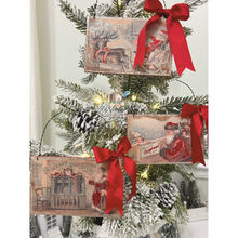 Load image into Gallery viewer, Set of 3 Santa Wood Postcard Ornaments Snowy Tree Display