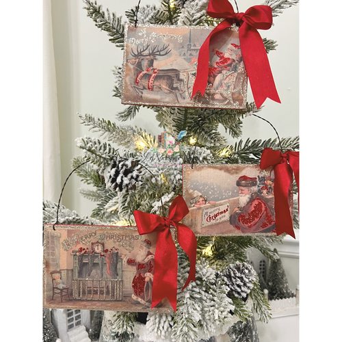 Set of 3 Santa Wood Postcard Ornaments Snowy Tree Display