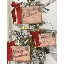 Load image into Gallery viewer, Back View of Christmas Greetings on Wood Santa Postcard Ornaments
