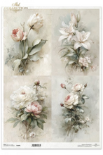 Load image into Gallery viewer, Four floral Bouquets of soft luminous pink and cream roses, tulips, peonies and lilies with ITD Collection branding on rice paper. 