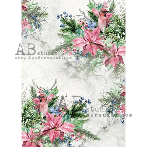 Poinsettias and Pine Boughs Rice Paper 0296 by ABstudio, A4