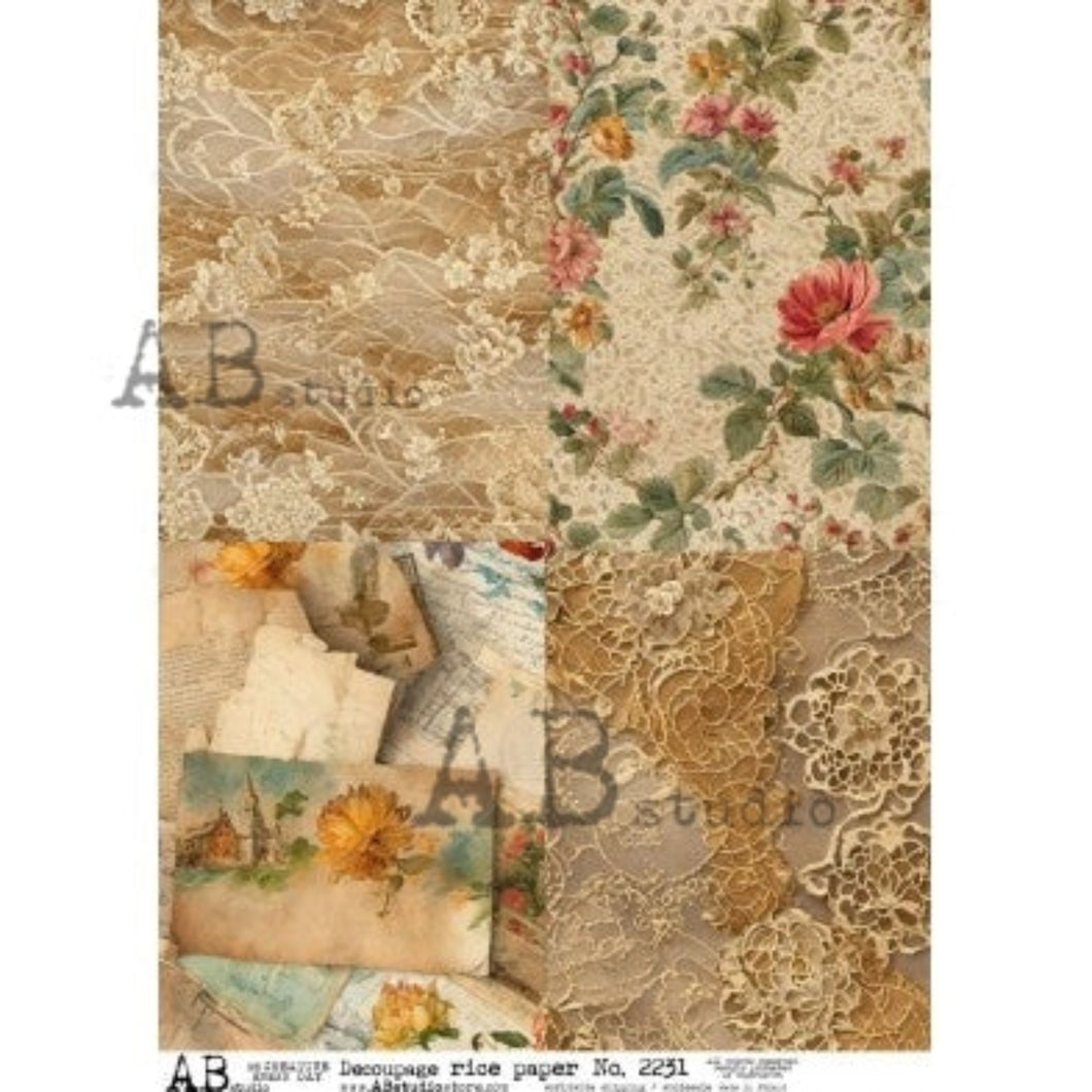 Old Lace and Ephemera 4 Pack Rice Paper 2231 by ABstudio, A4