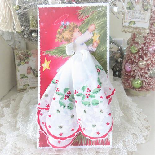 Vintage Style Christmas Angel Holly Hankie Gift Card, Stocking Stuffer, Luray