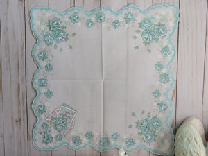 Reverse Side View of Vintage Inspired Shabby Aqua Blue and White Birthday Hanky by Luray Collection