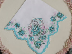 Vintage Inspired Shabby Aqua Blue Birthday Handkerchief with Gift Card by Luray Collection 