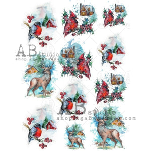 Holly Cardinals and Deer Pack Rice Paper 0446 by ABstudio, A4