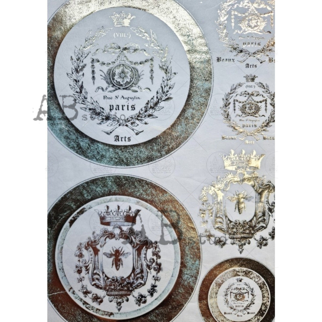 Gilded French Emblem Plates Decoupage Rice Paper 1031 by ABstudio, A4