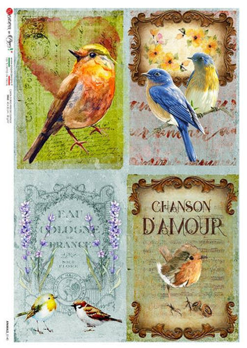 Animals 0138 Paper Designs Washi Paper Decoupage, 4 Varied Bird Styles, A4