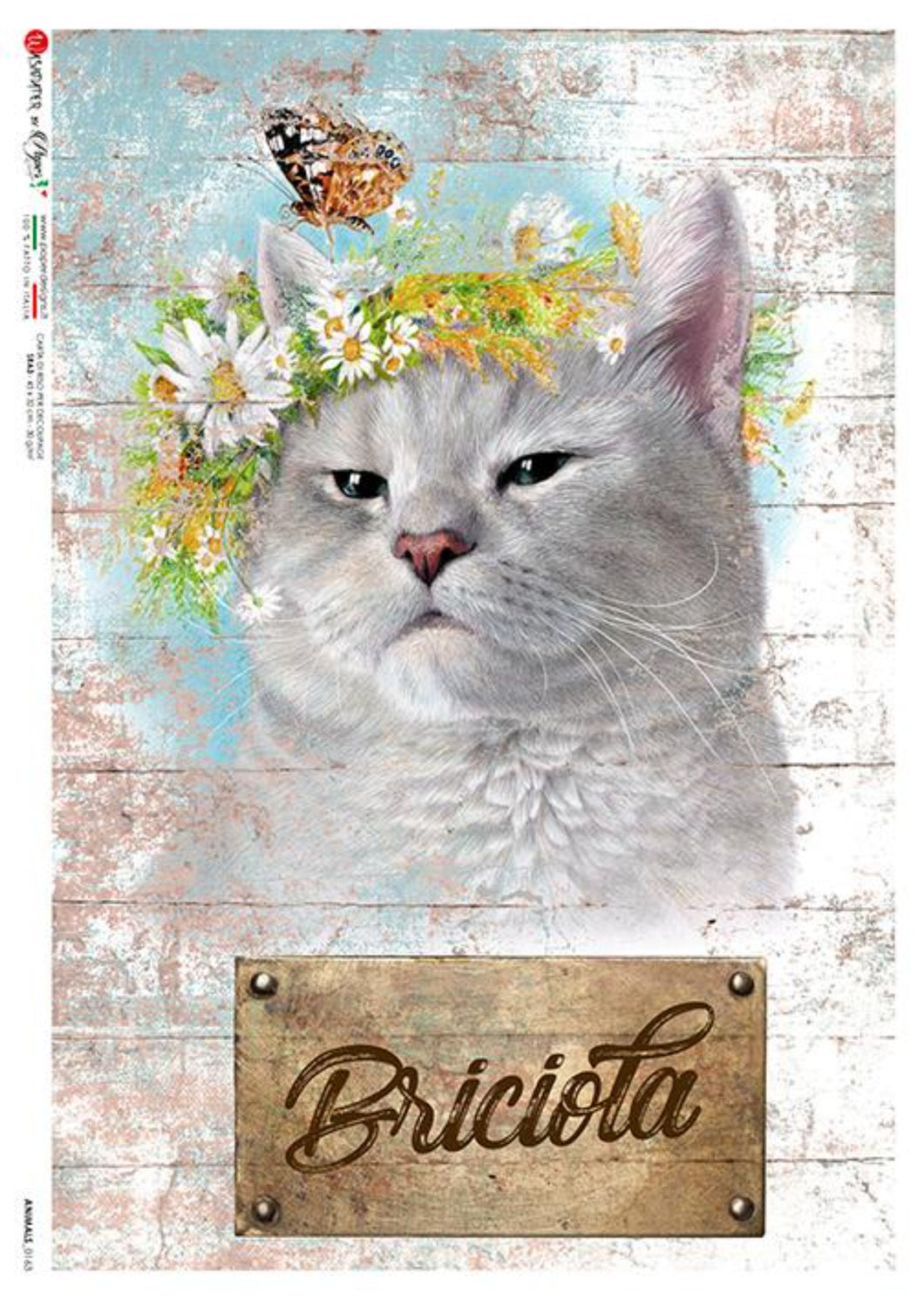 Animals 0163 Paper Designs Washi Paper, Decouapge, White Cat with Floral Wreath on Head