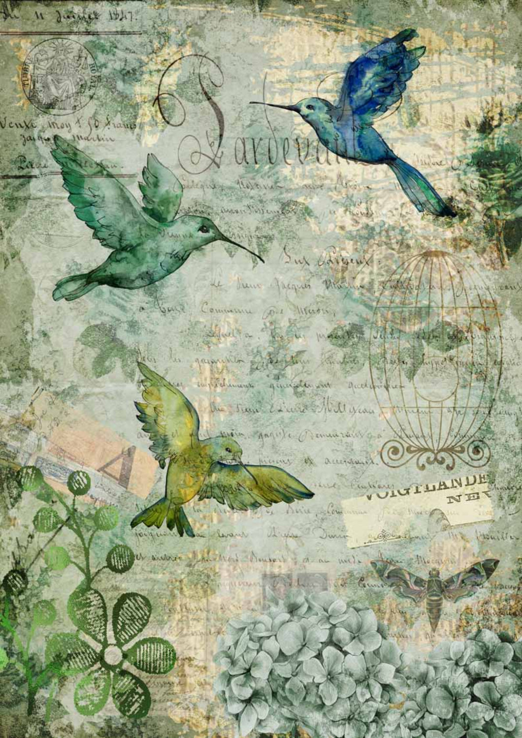 Afternoon Hummingbirds Rice Paper by Decoupage Queen, Birds, Hydrangeas