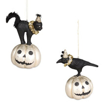 Load image into Gallery viewer, Bethany Lowe Designs All Hallows Eve Friends Ornaments, Cat and Crow on Jack O Lantern