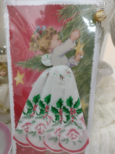 Christmas Angel Handkerchief Hankie with Holly and Pink Roses on Gift Card with Envelope