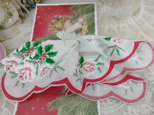 Vintage Inspired Christmas Angel Handkerchief with Holly and Roses on Gift Card by Luray Collection