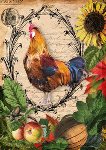 Autumn Rooster with Harvest Vegetables, Sunflower, Pumpkin Decoupage Queen Rice Paper